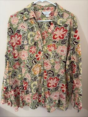 CJ Banks Olive Floral Button-Down Blouse with Red and Pink Accents